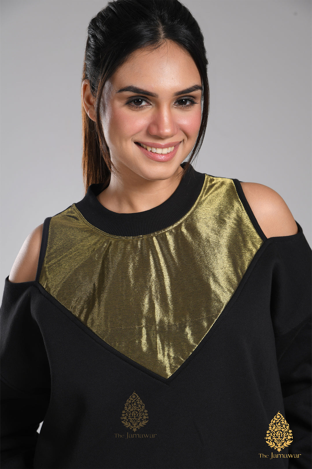 Off-Shoulder Gold Sweatshirt with Pants Full Set