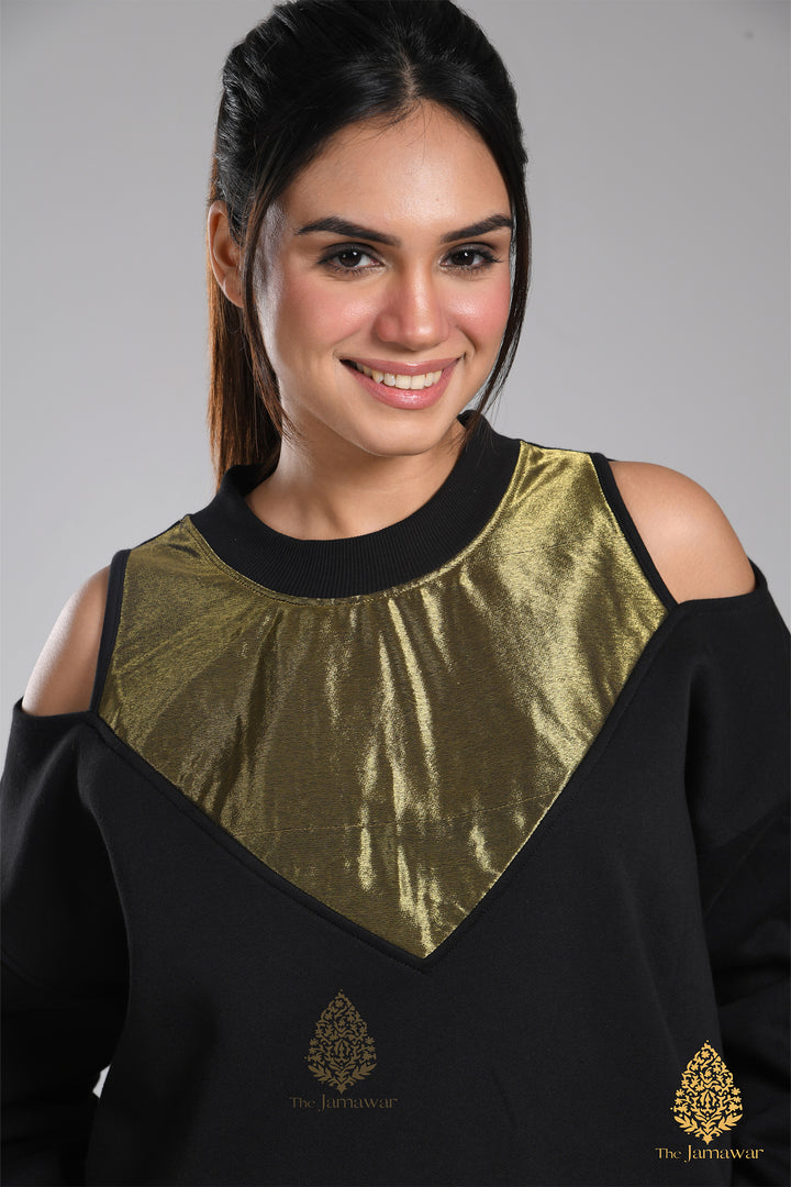 Off-Shoulder Gold Sweatshirt with Pants Full Set
