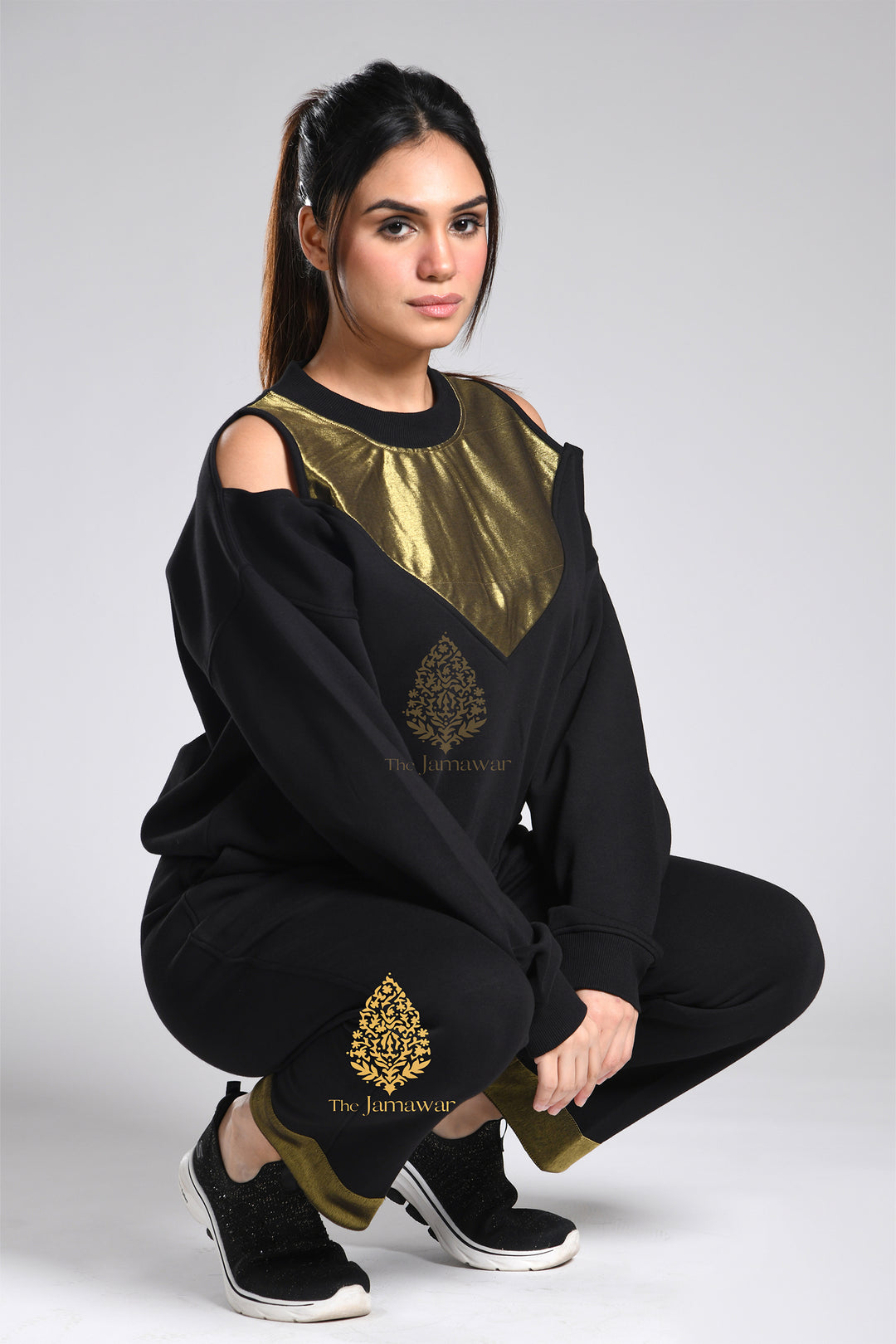 Off-Shoulder Gold Sweatshirt with Pants Full Set