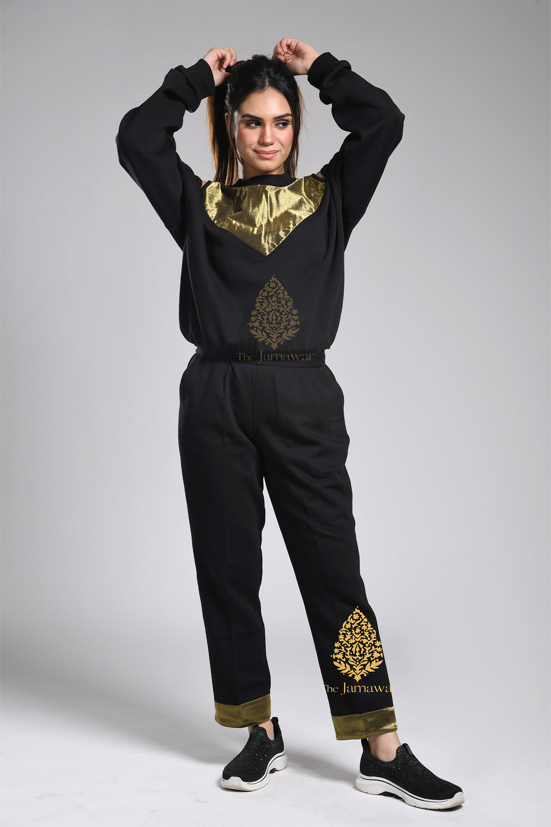 Off-Shoulder Gold Sweatshirt with Pants Full Set