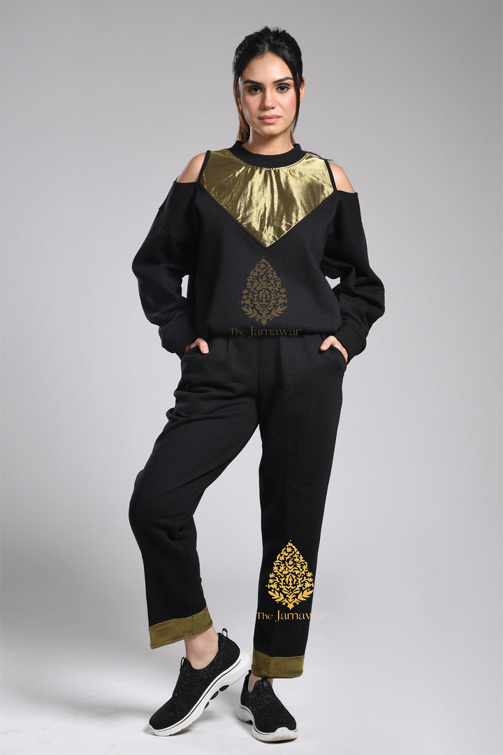 Off-Shoulder Gold Sweatshirt with Pants Full Set