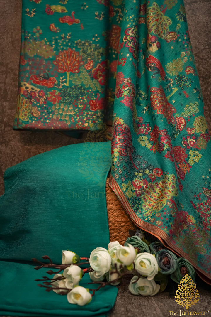 Bageecha Inspired Green Unstitched Pure Silk Suit - TJ-018