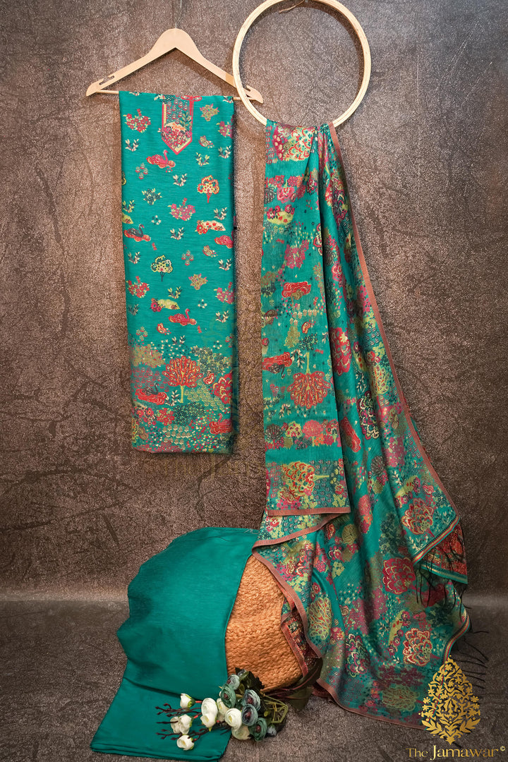 Traditional Green Unstitched Suit Pure Silk