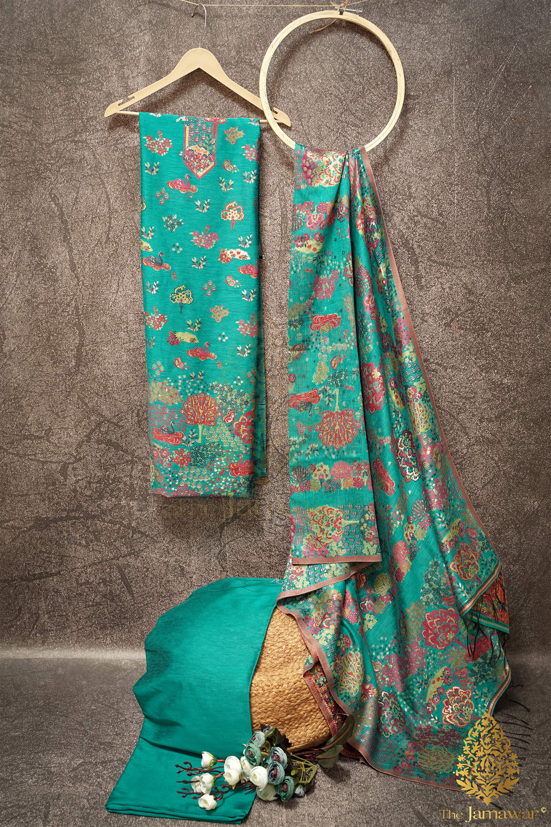 Traditional Green Unstitched Suit Pure Silk