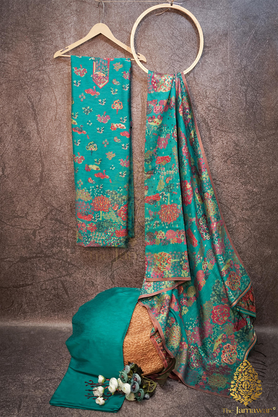 Traditional Green Unstitched Suit Pure Silk