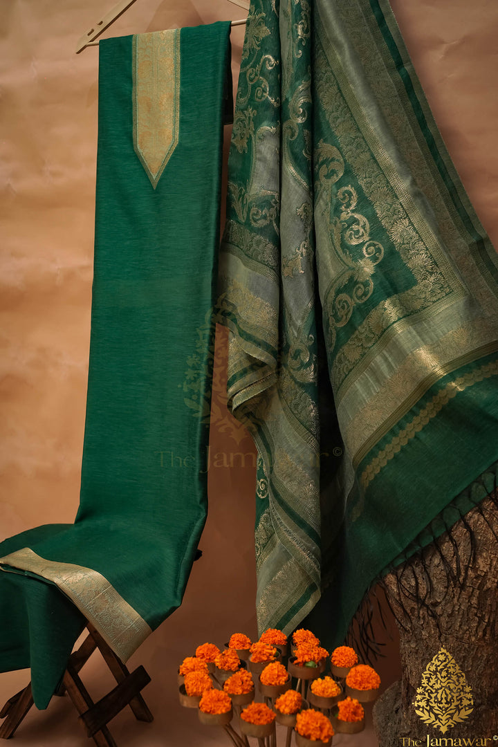 Banarsi Design Bottle Green Pure Silk Unstitched Suit - TJ-019