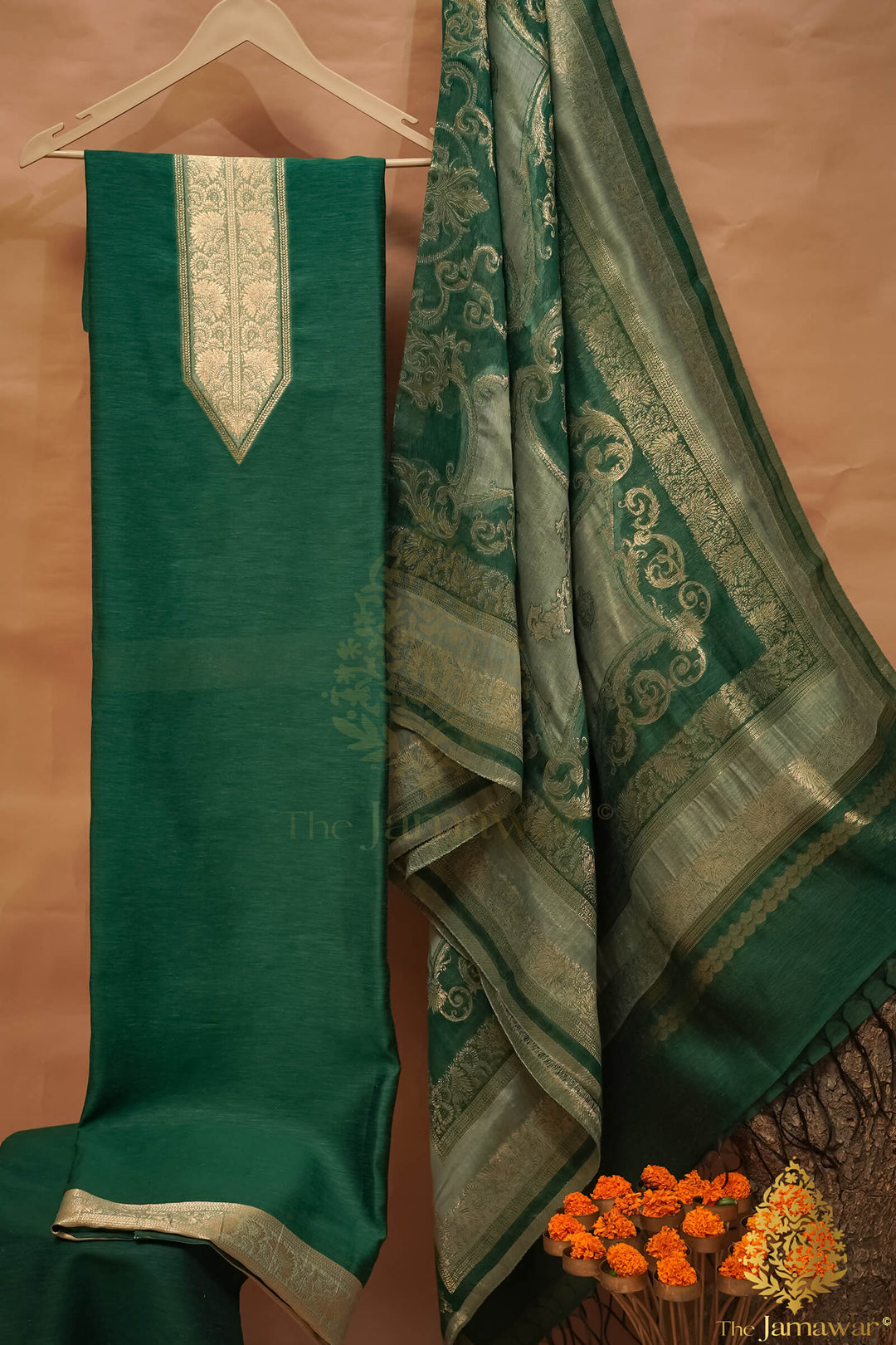 Banarsi Design Bottle Green Pure Silk Unstitched Suit - TJ-019