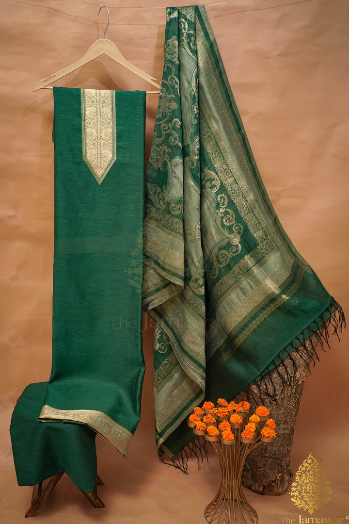 Banarsi Design Bottle Green Pure Silk Unstitched Suit - TJ-019