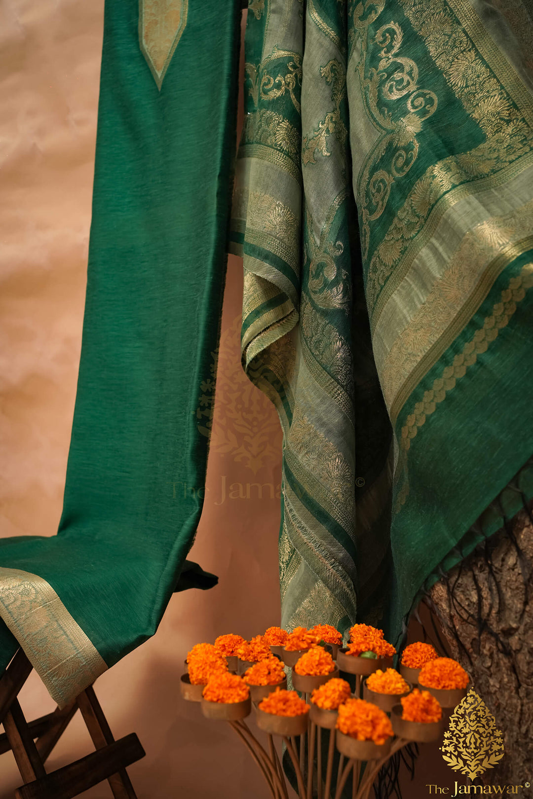 Banarsi Design Bottle Green Pure Silk Unstitched Suit - TJ-019