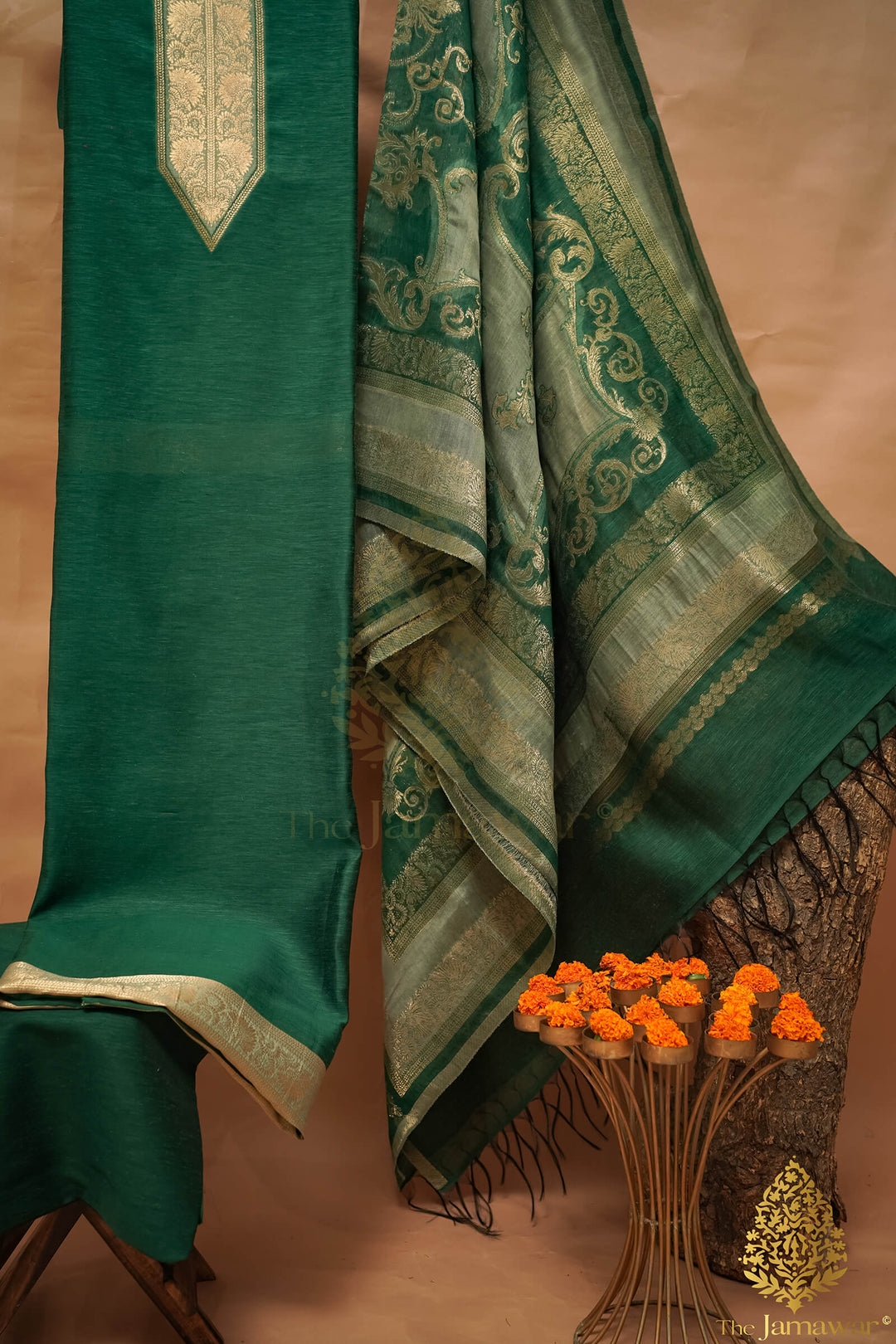 Banarsi Design Bottle Green Pure Silk Unstitched Suit - TJ-019