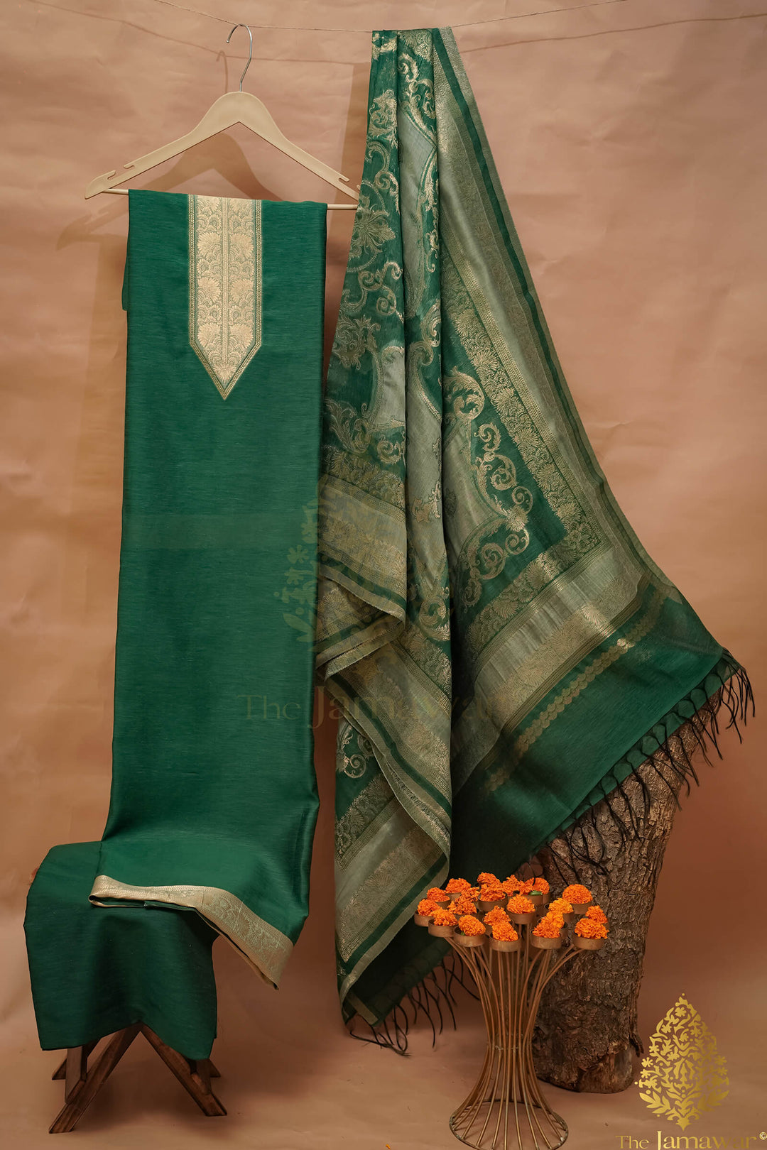 Shop Banarsi Design Bottle Green Pure Silk Unstitched Suit The Jamawar Shop Banarsi Design Bottle Green Pure Silk Unstitched Suit The Jamawar