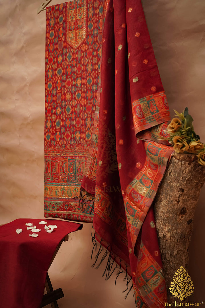 Traditional Red Unstitched Suit Pure Silk