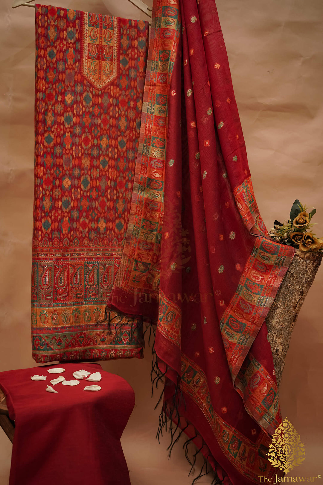 Traditional Red Unstitched Suit Pure Silk