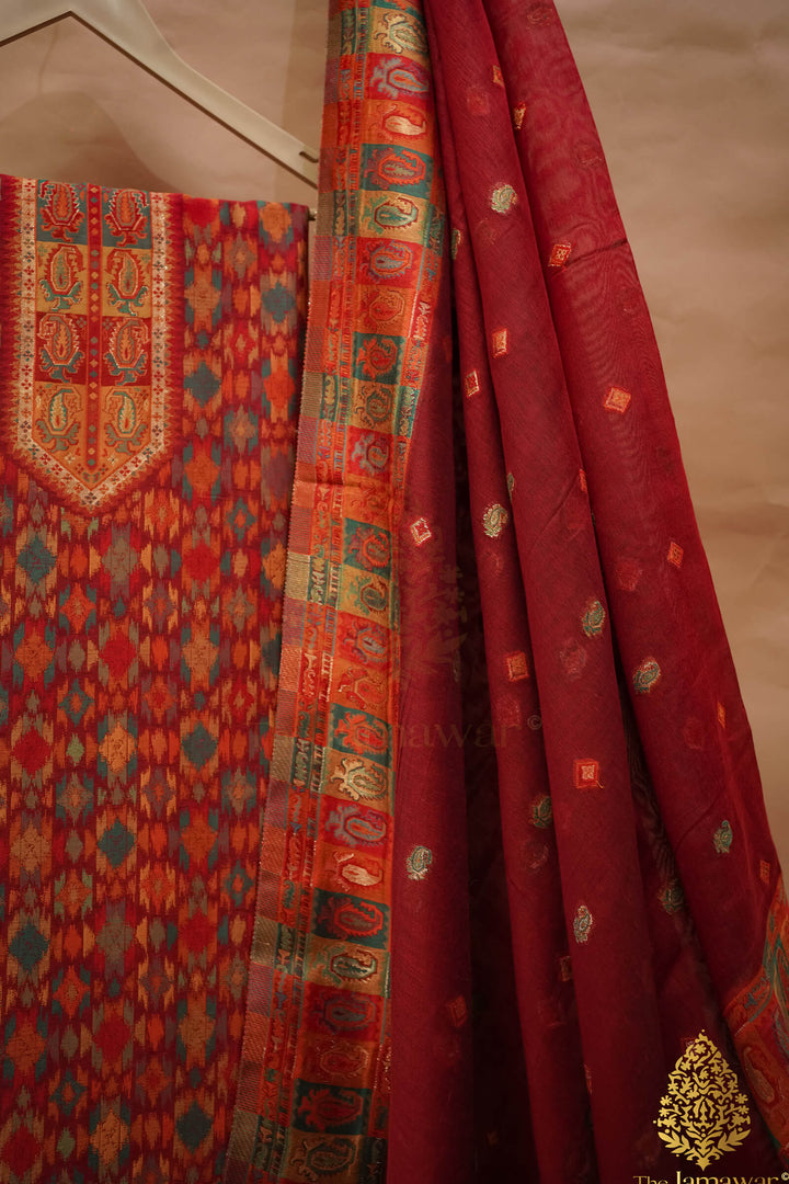 Traditional Red Unstitched Suit Pure Silk