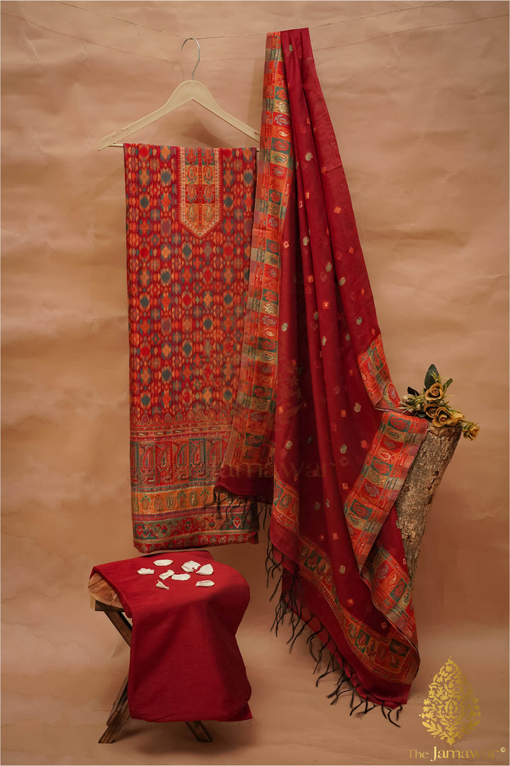 Traditional Red Unstitched Suit Pure Silk