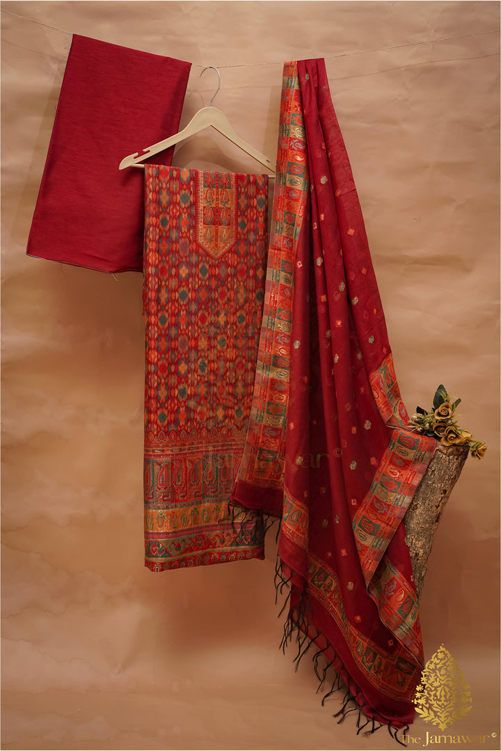 Traditional Red Unstitched Suit Pure Silk