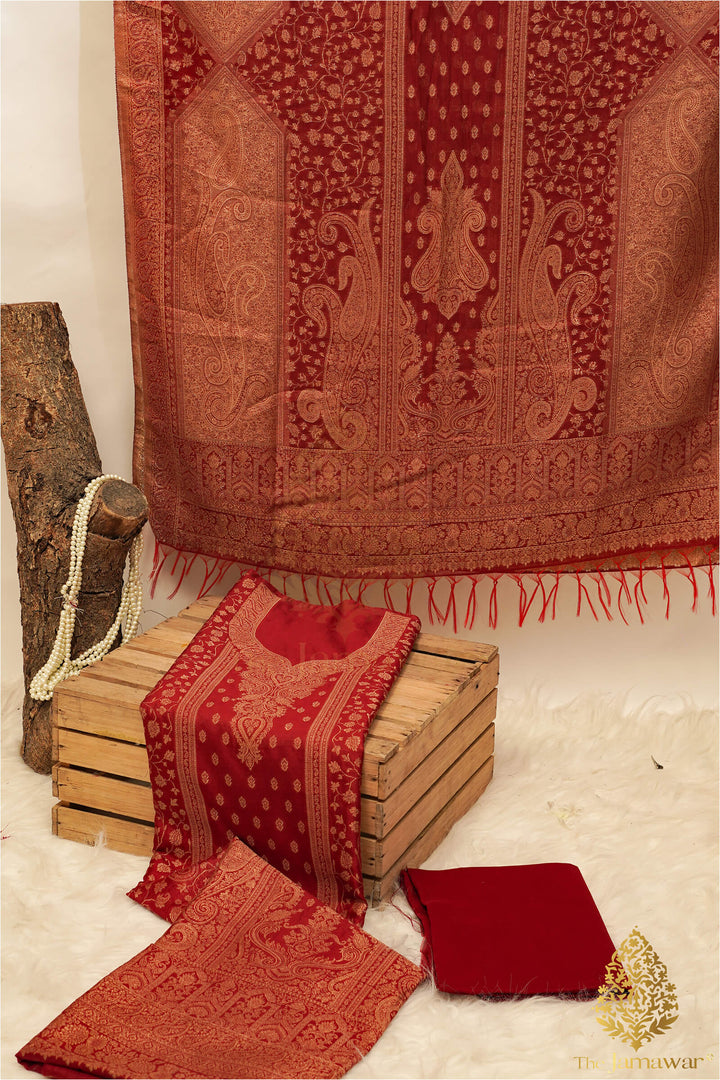 Traditional Red Unstitched Suit Pure Silk