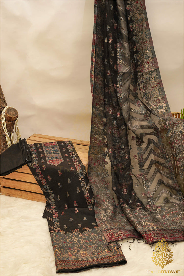 Traditional Black Unstitched Suit Pure Silk