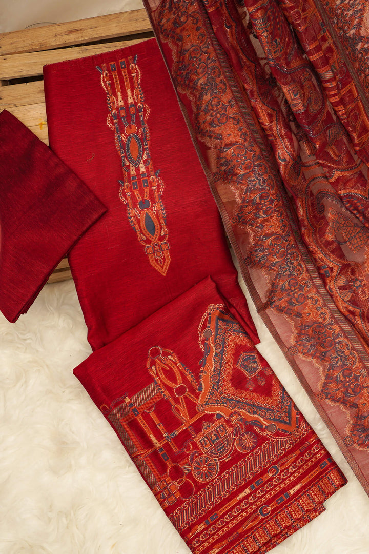 Traditional Red Unstitched Suit Pure Silk