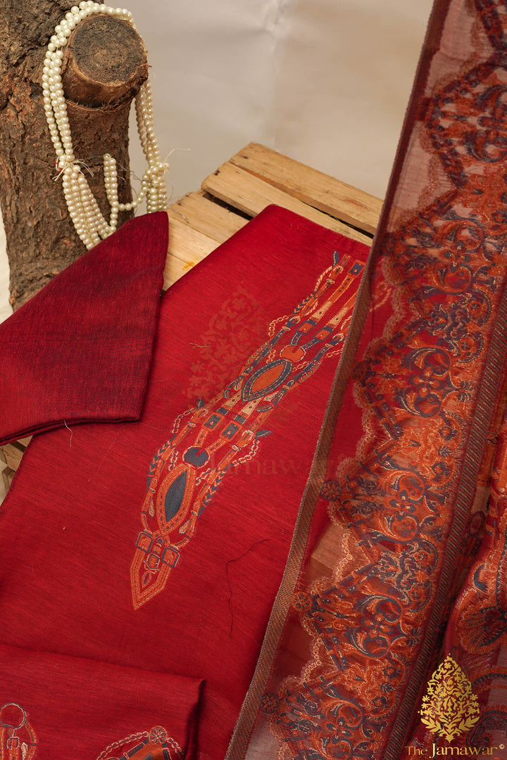 Traditional Red Unstitched Suit Pure Silk