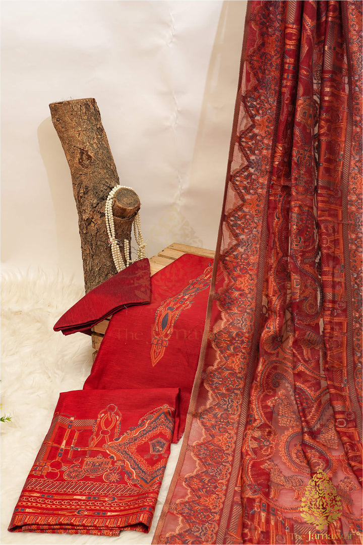 Traditional Red Unstitched Suit Pure Silk