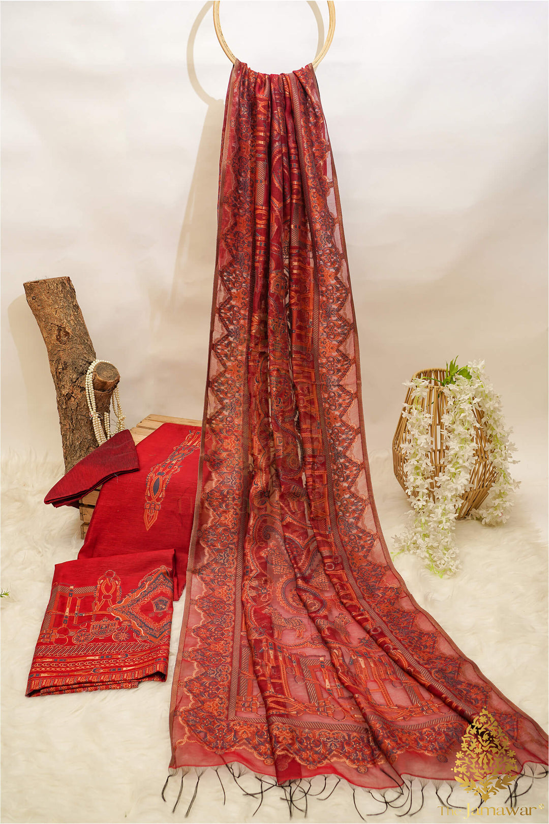 Traditional Red Unstitched Suit Pure Silk