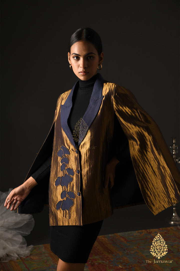 Gold & Navy Wool Cape Blazer with Zari Detailing