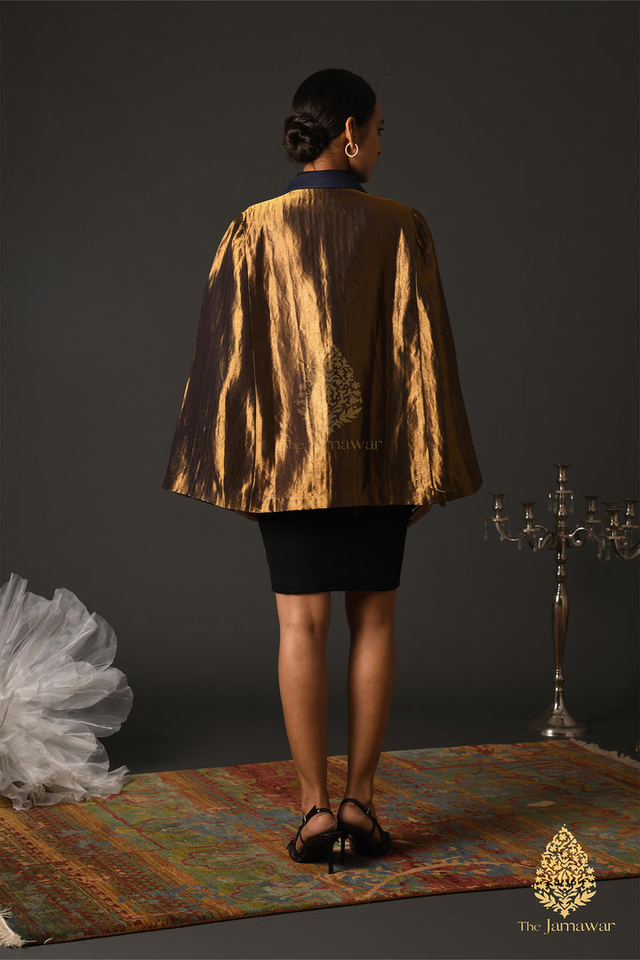 Gold & Navy Wool Cape Blazer with Zari Detailing