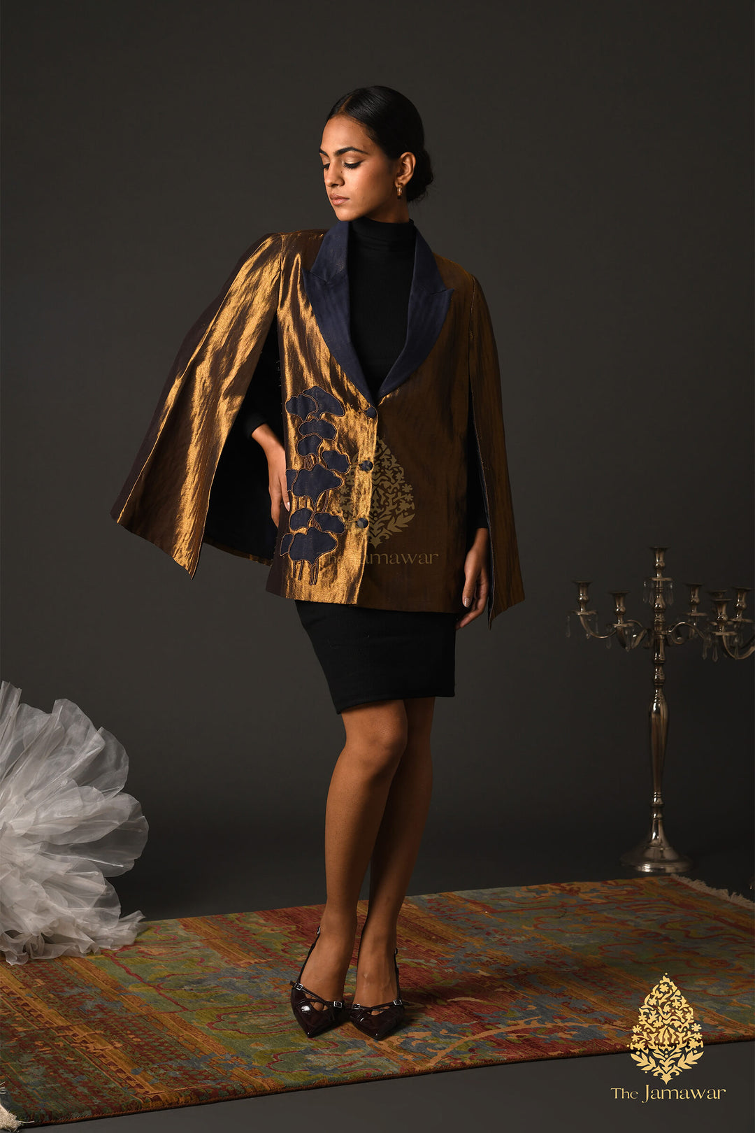 Gold & Navy Wool Cape Blazer with Zari Detailing