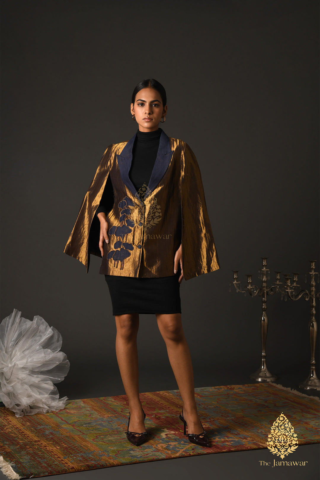 Gold & Navy Wool Cape Blazer with Zari Detailing