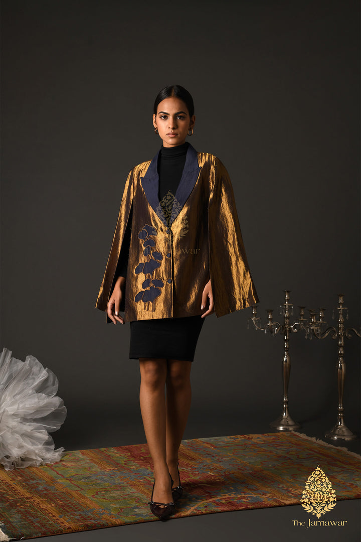 Gold & Navy Wool Cape Blazer with Zari Detailing