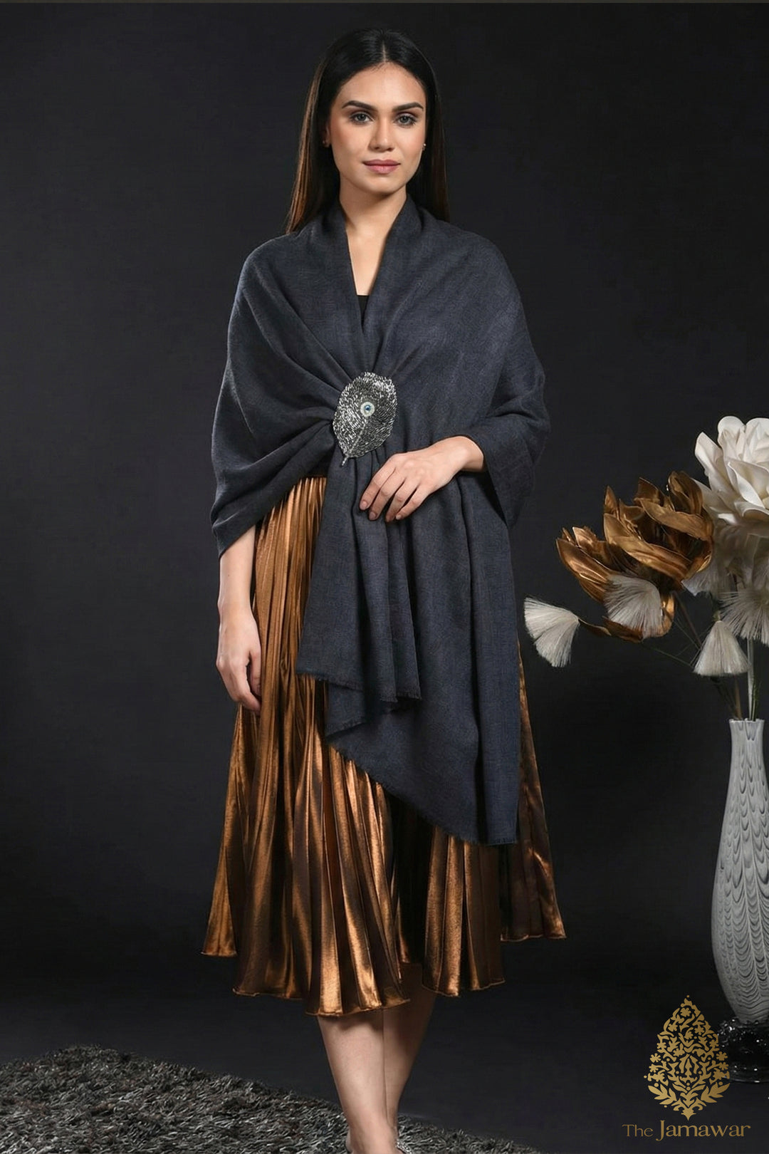 Grey Wool Wrap with peacock Brooch