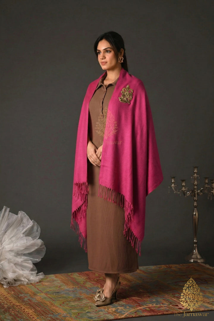 Pink Wool Wrap with Gold Brooch