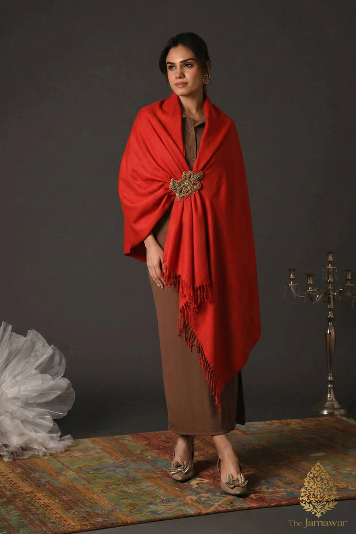 Red Wool Wrap with Gold Brooch