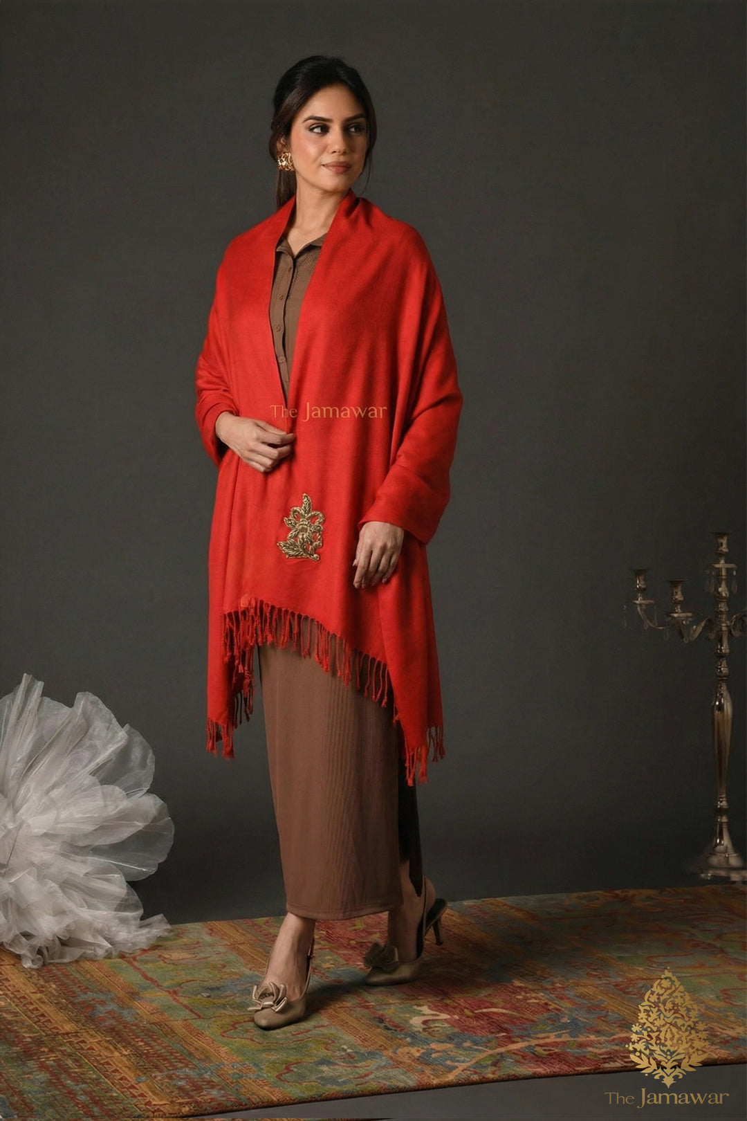 Red Wool Wrap with Gold Brooch