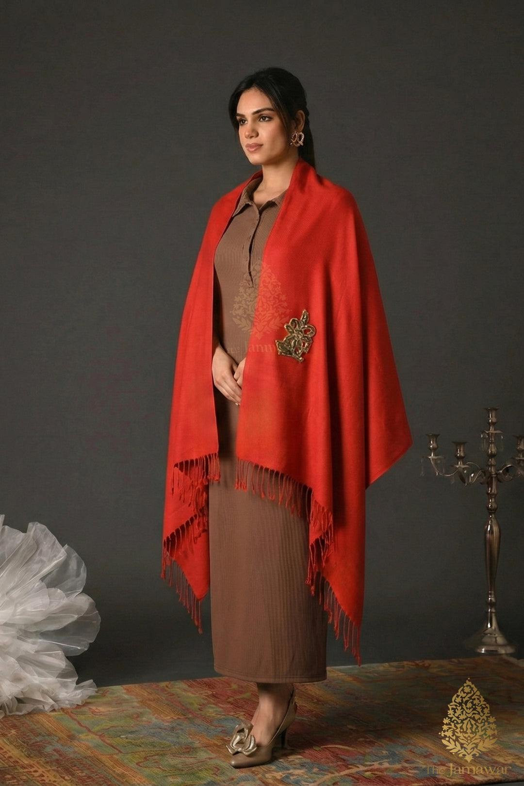 Red Wool Wrap with Gold Brooch