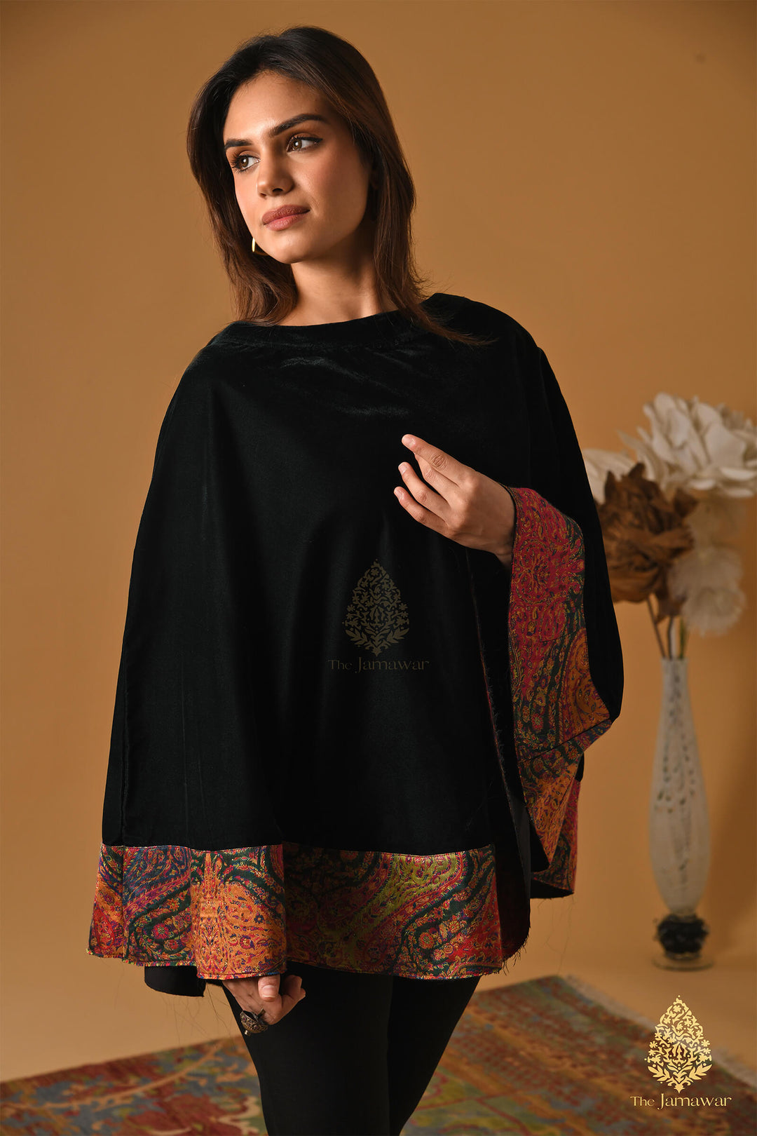 Emerald Green Velvet Cape with Raw Silk & Zari Weaving