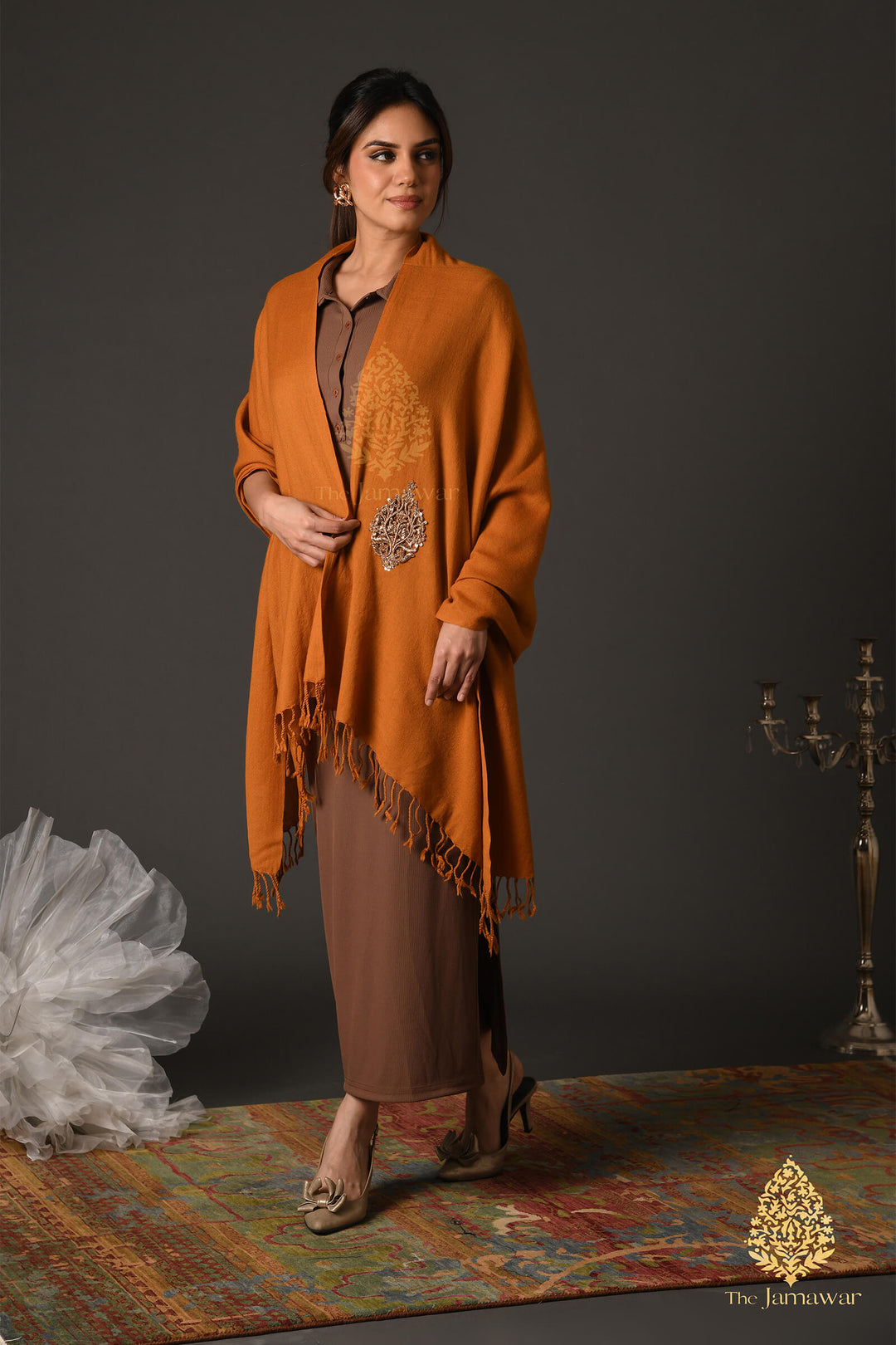 Burnt Orange Wool Wrap with Gold Brooch