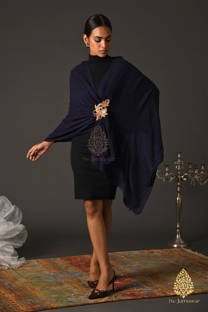 Navy Wool Wrap with Antique Gold Brooch