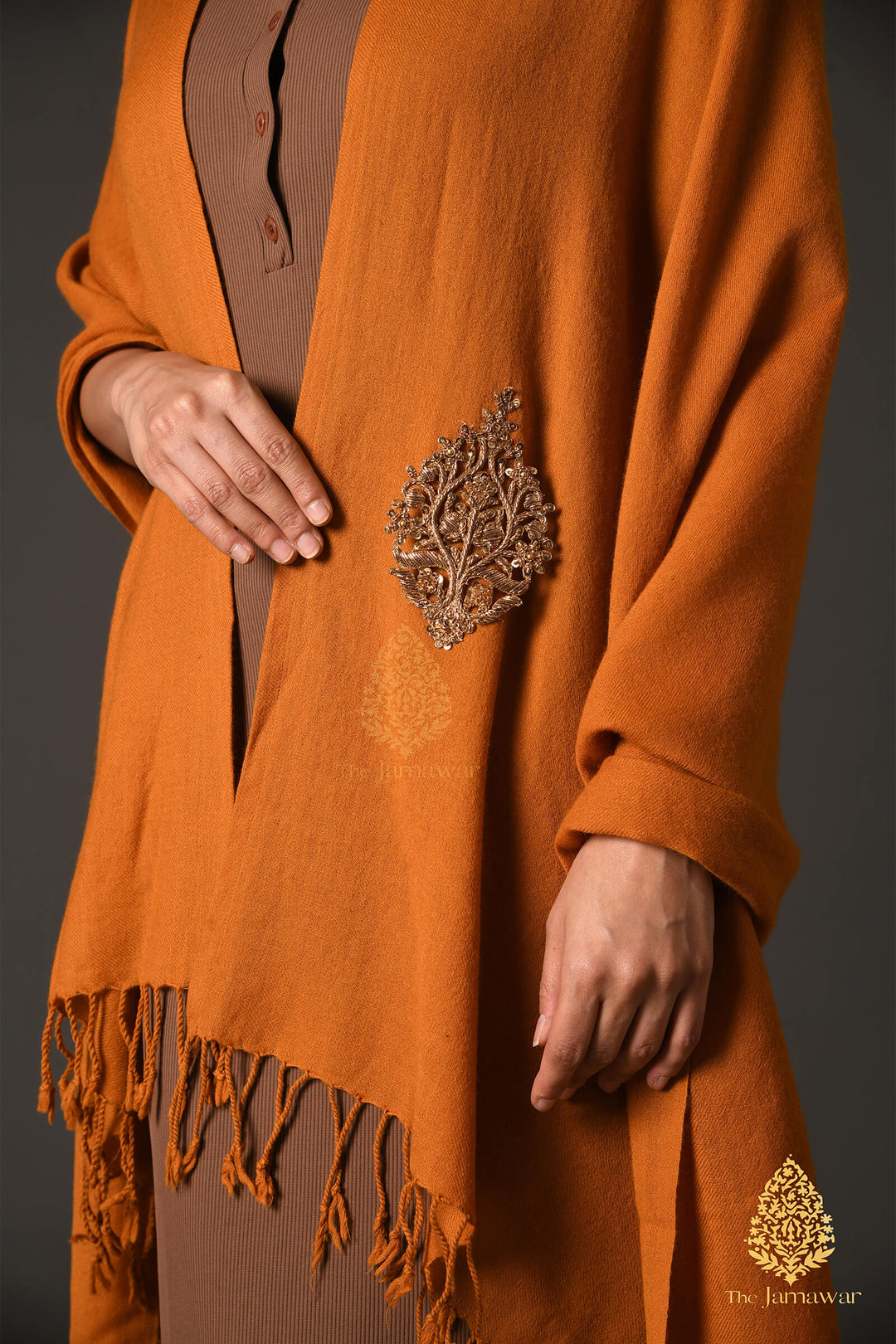 Burnt Orange Wool Wrap with Gold Brooch