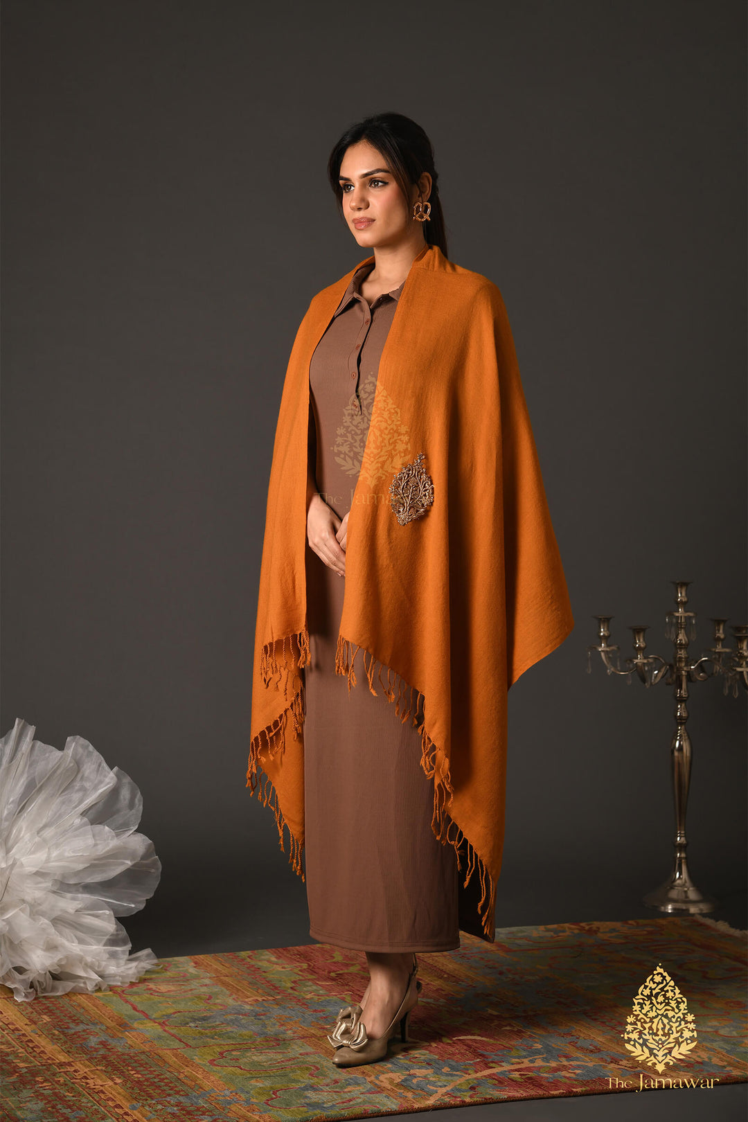 Burnt Orange Wool Wrap with Gold Brooch