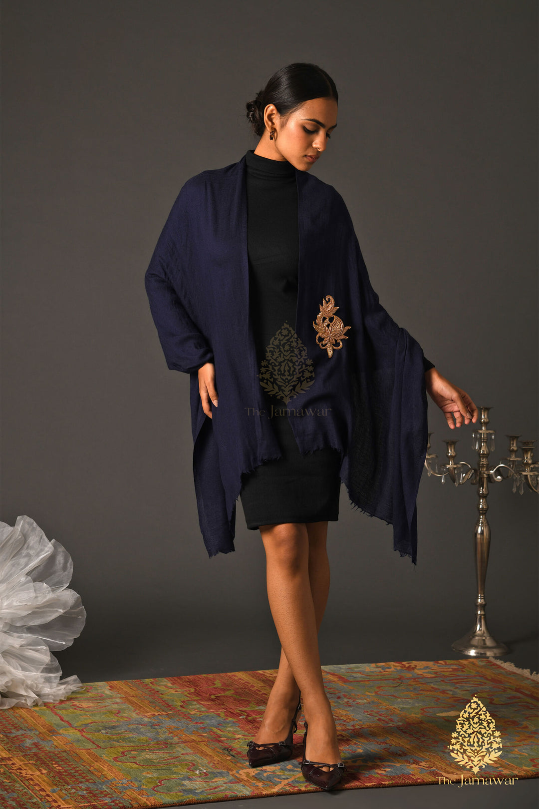 Navy Wool Wrap with Antique Gold Brooch